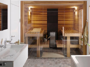 Die wärmebehandelte Sauna aus Espe ist eine heimische und nachhaltige Alternative zum Modell aus Tropenholz. Sanatherm.