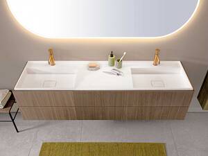 Die Waschbecken aus der Serie «Alterna alani» vermitteln Spa-Gefühl im Badezimmer. Natürliche Farben und Materialien stehen zur Auswahl. Neben dem Design in Echtholzfurnier setzen matte Lackfarben Akzente im Bad. Sanitas Troesch.