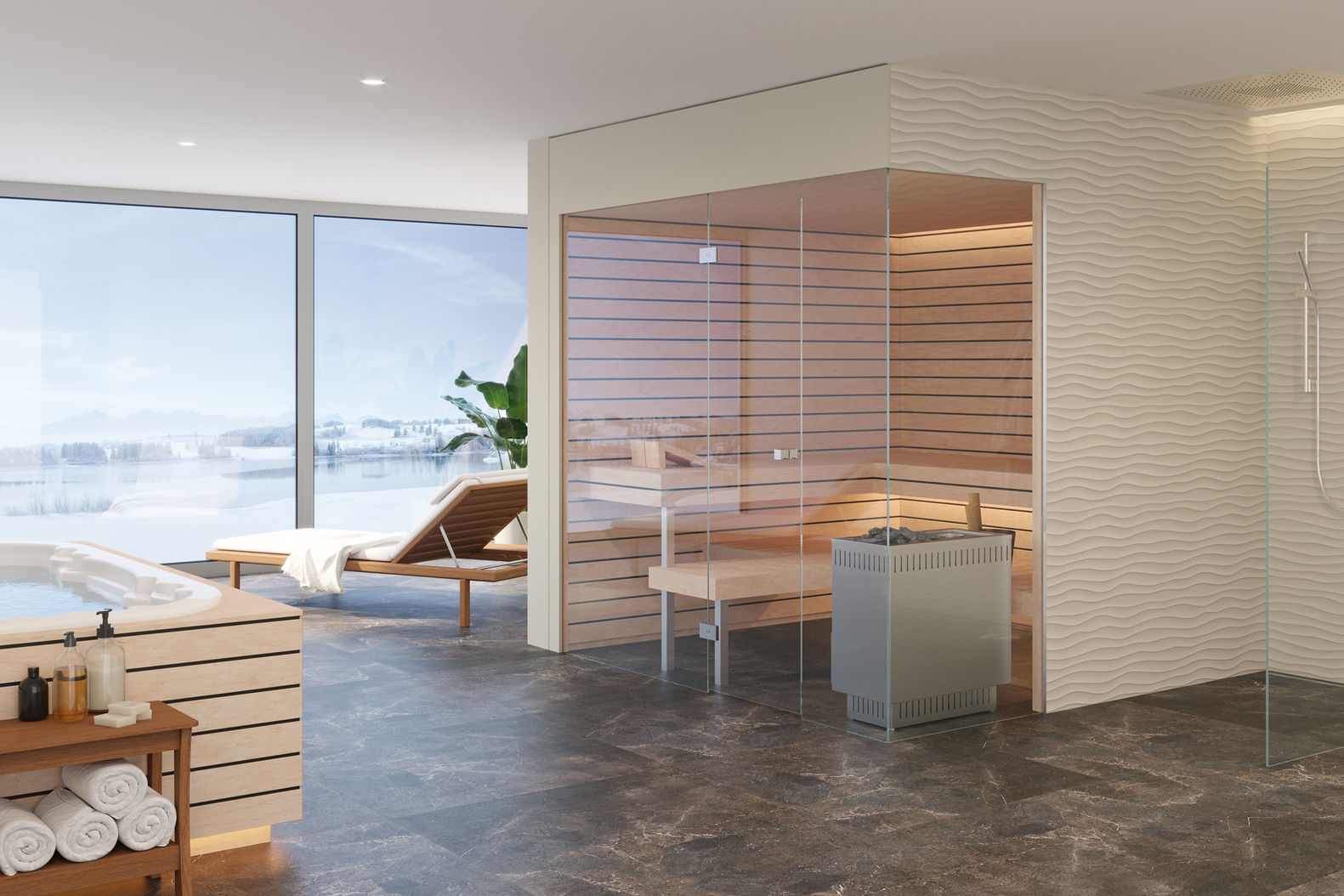 Die Sauna «Essenza» begeistert mit einer grosszügigen Glasfront. Gefederte Liegeflächen sorgen für mehr Komfort. Küng Sauna + Spa AG.