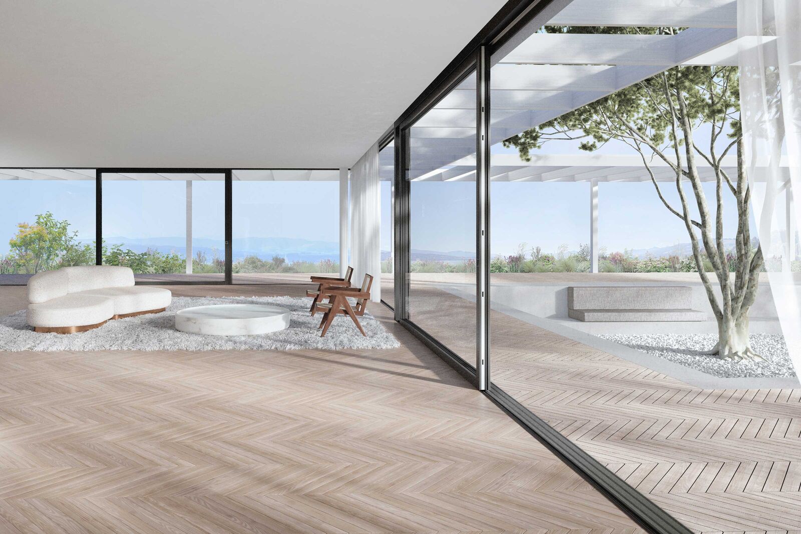 Die schlankste Holz-Metall Schiebetüre der Schweiz: Mit der «ST2» von 4B rückt das Panorama in den Vordergrund, während der Fensterrahmen optisch fast gänzlich verschwindet.