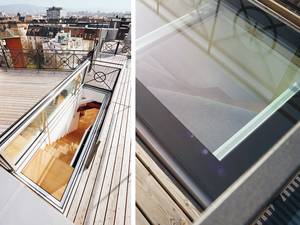 Dank der neuartigen Konstruktion des isolierten Aluminiumprofils lässt sich der Fensterflügel des Dachzugangs bis zu 88° weit öffnen. Die äussere Scheibe des Isolierglases überdeckt das Flügelprofil, eine Ganzglasoptik entsteht. Stebler.