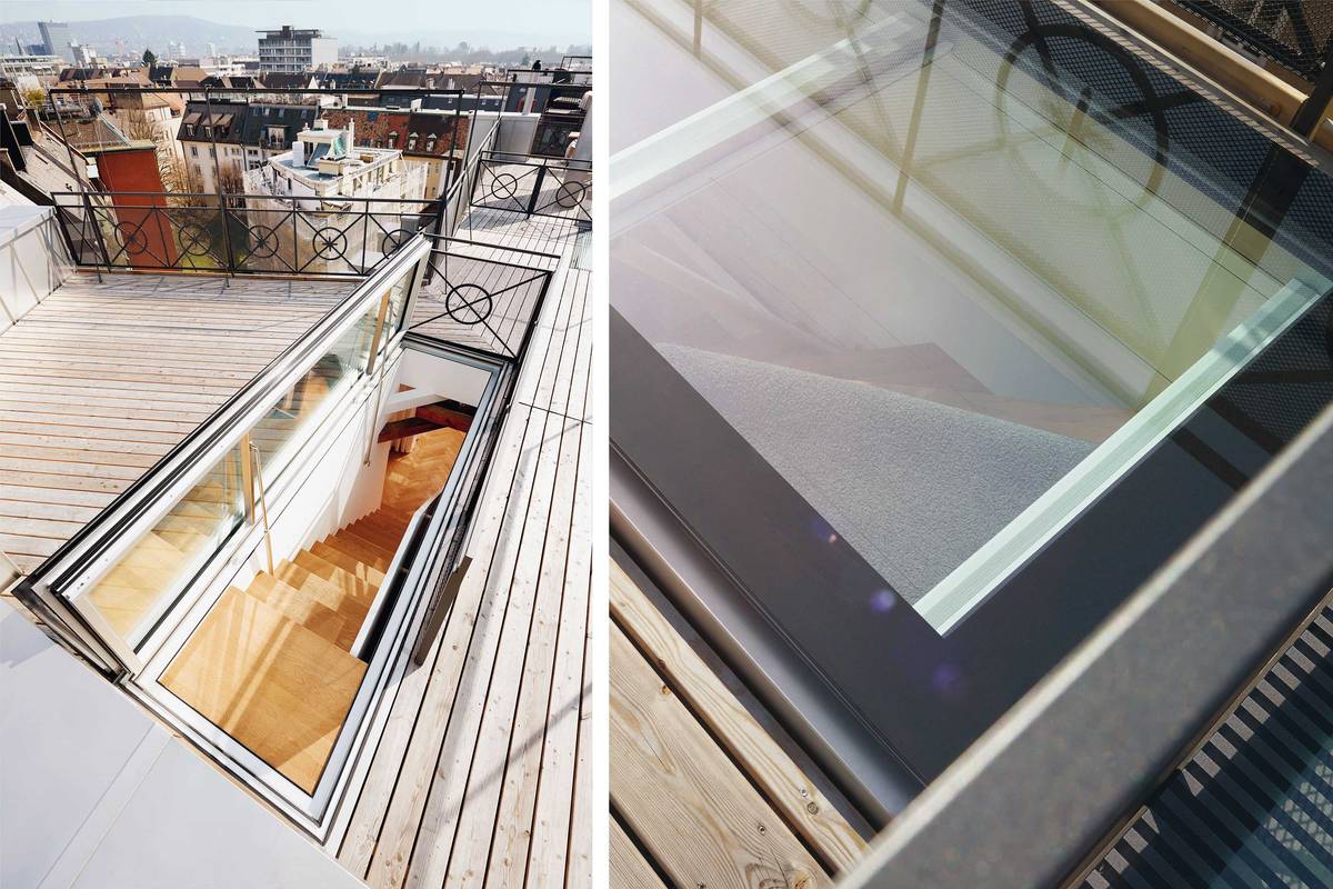 Dank der neuartigen Konstruktion des isolierten Aluminiumprofils lässt sich der Fensterflügel des Dachzugangs bis zu 88° weit öffnen. Die äussere Scheibe des Isolierglases überdeckt das Flügelprofil, eine Ganzglasoptik entsteht. Stebler.