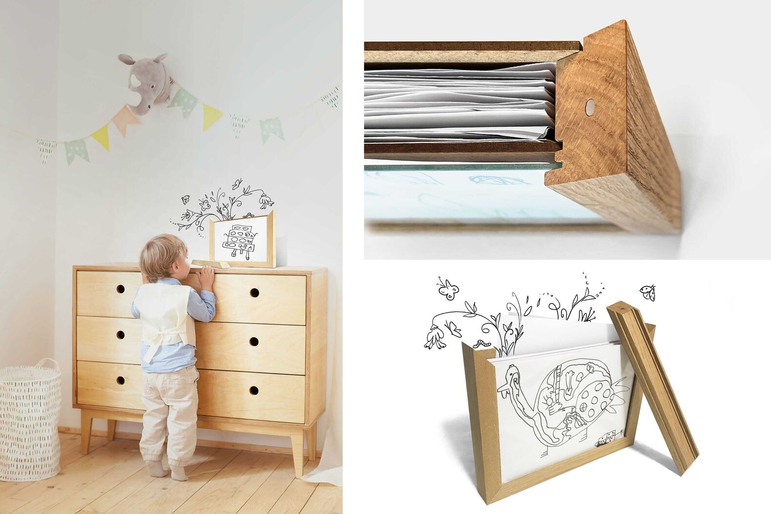 Endlich Platz für viele, viele Kinderzeichnungen: In diesen Rahmen passen über 100 Blatt Papier. Entwickelt hat das clevere Objekt die Zürcherin Jaqueline Müller, selbst Mutter von zwei Kindern. In den Formaten, A4, A3 und neu auch A6 für Fotos. Jamu Products GmbH, www.jamu-products.ch