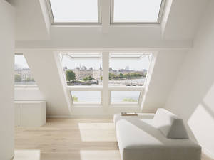 Das Klappflügelfenster «GPU Integra» wird elektrisch betrieben. Dank des grossen 45°-Öffnungswinkels ermöglicht das Dachfenster einen optimalen Ausblick. Velux.