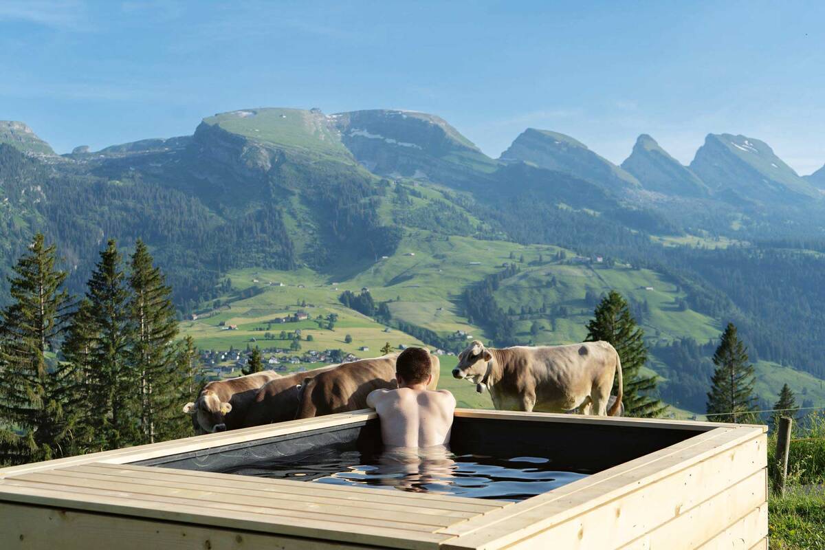 Der Badebrunnen ist eine Mischung aus Brunnen und Schwimmbecken, mit biologischer Reinigung. Er ist selbsttragend und muss nicht eingegraben und betoniert werden. Erhältlich in zwei Grössen. Abderhalden Gartenbau AG.