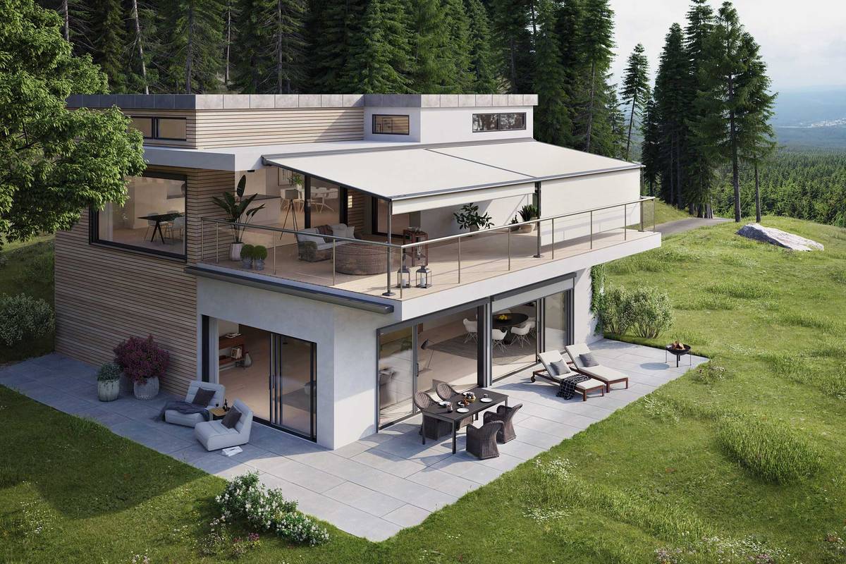 Die Markise «Pergola» wird mit ihrer Tuchkassette entweder am Haus befestigt oder am freistehenden Modell «Syncra». Sie kann bis zu 90 Quadratmeter grosse Flächen vor Sonne schützen. Markilux.