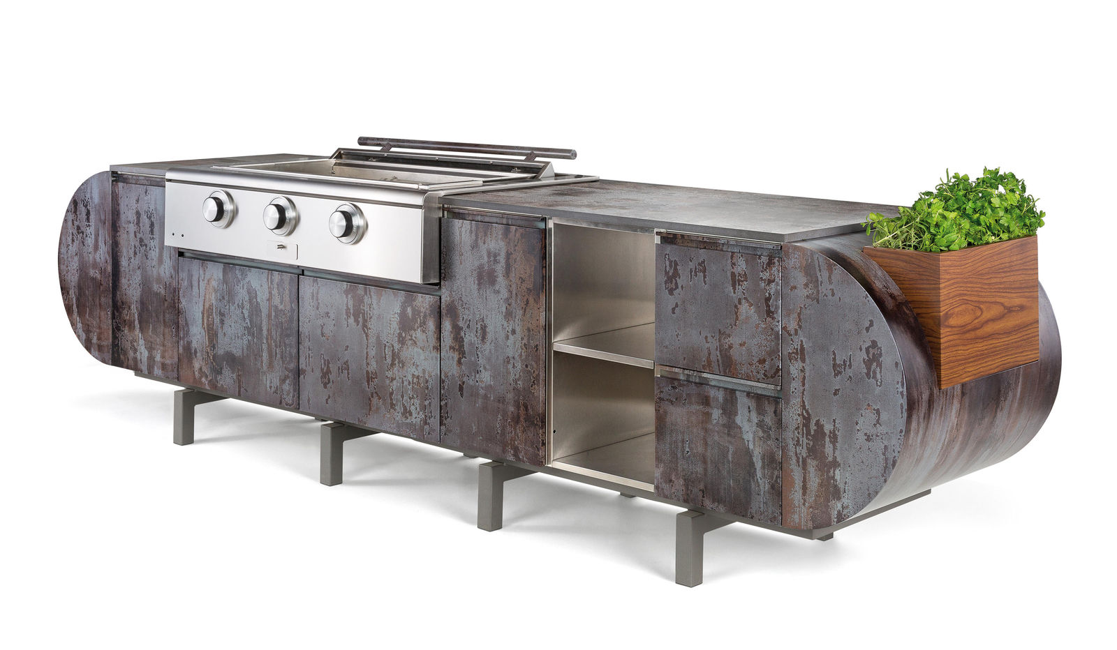Futuristisch: Freistehende Outdoor-Küche aus Dekton. Der modulare Aufbau erlaubt eine Konfiguration ganz nach Wunsch. Outdoor Kitchen/Cosentino.
