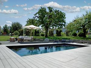 An bester Lage: «Vita Pool Classic» im Format 9 x 3,6 x 1,54 Meter mit bequemer Eckeinstiegstreppe. Voll isoliert, mit Solar-Rolladen und vollautomatischer Wasseraufbereitung. Vita Bad AG.