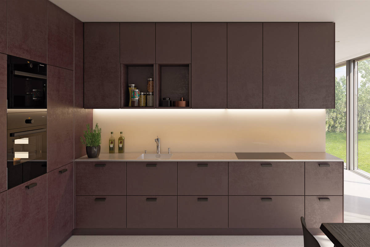Die neue Oberfläche «Polaris» für die Arbeitsfläche begeistert im angesagten Bronzeton. Die unverwechselbare Struktur wirkt zu dunklen Materialien besonders chic. Suter Inox.